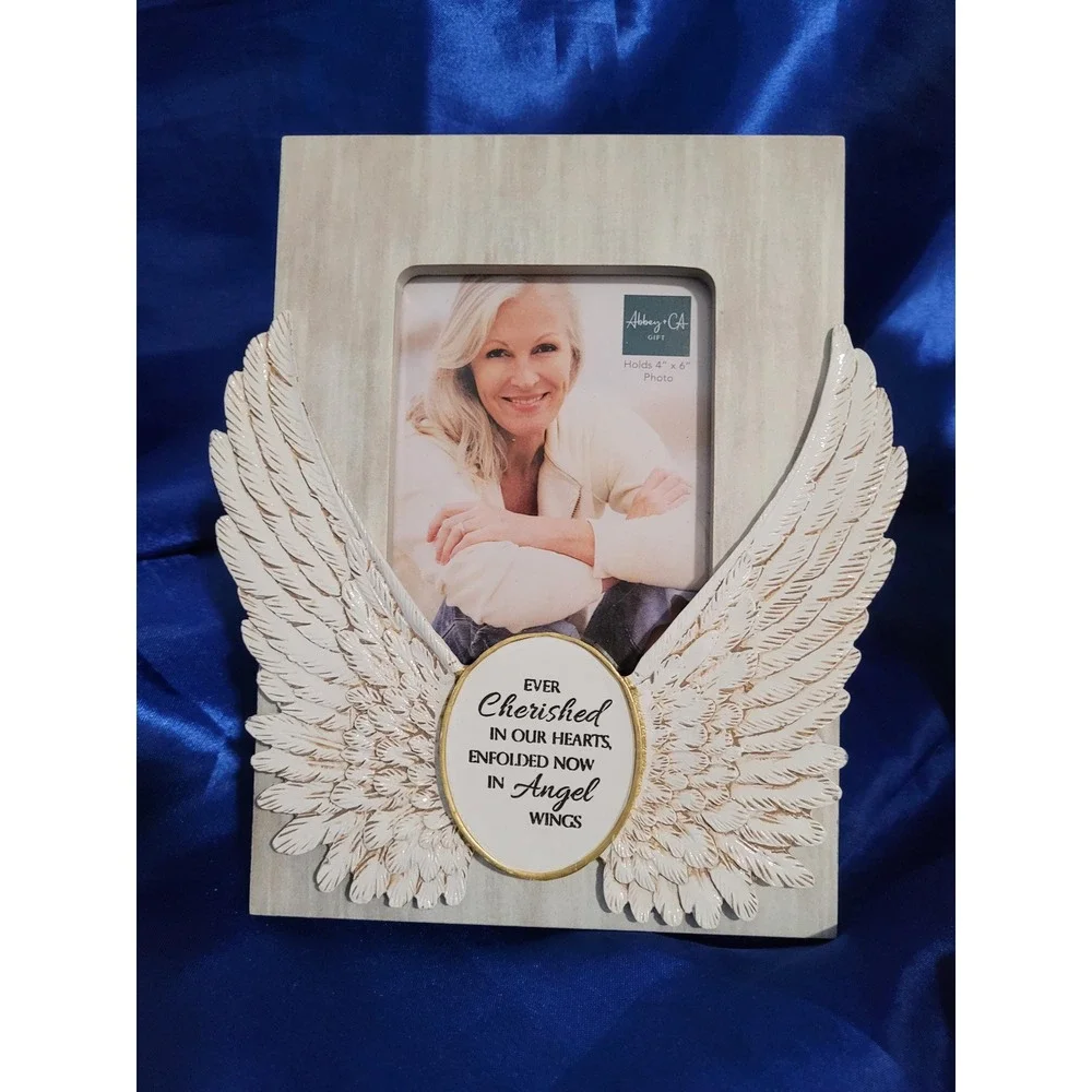 Memorial Picture Frame with Metal Angel Wings